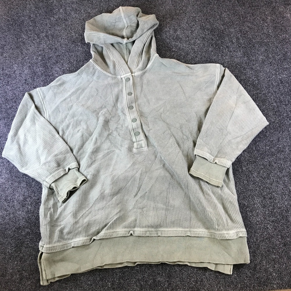Aerie Henley Hoodie Women Medium Sage Green Textured Ribbed Knit Pullover Winter